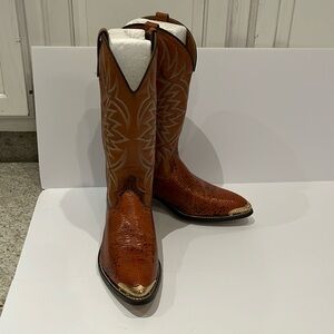 Men’s Brown Alligator & Leather Cowboy Boots with Added Brass Toe Kicks, Vintage